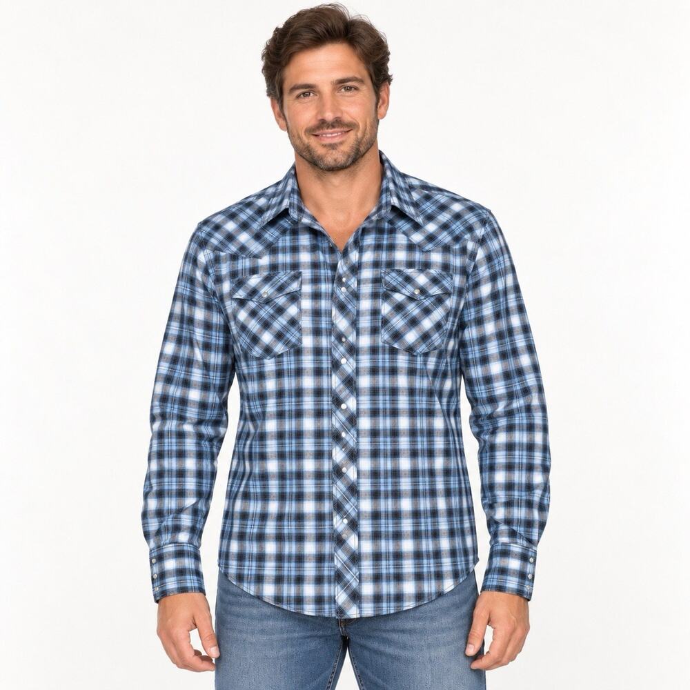 Wrangler Men’s Large Blue Plaid Pearl Snap Western Shirt Long Sleeve Cowboy